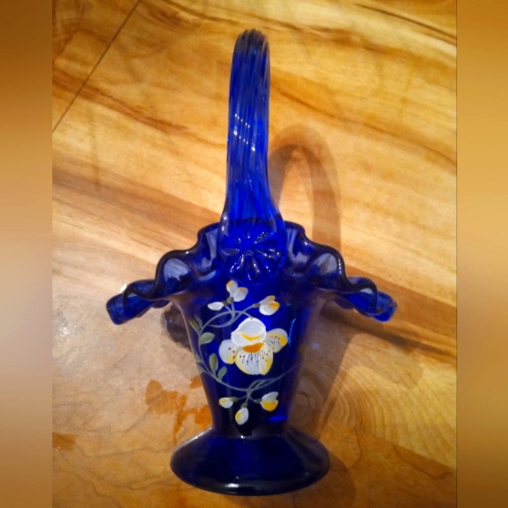 Fenton Art Glass Golden Flax on Cobalt Basket